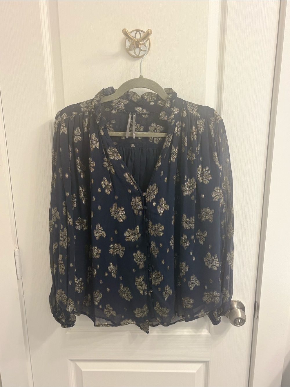 Anthropologie Navy Sheer Blouse with Metallic Gold Floral Motif
